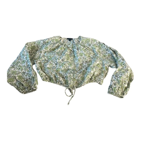 J Crew 100% Linen Cropped Top Tie Waist Tossed Floral Sz XL Button Front Peasant - Picture 2 of 6